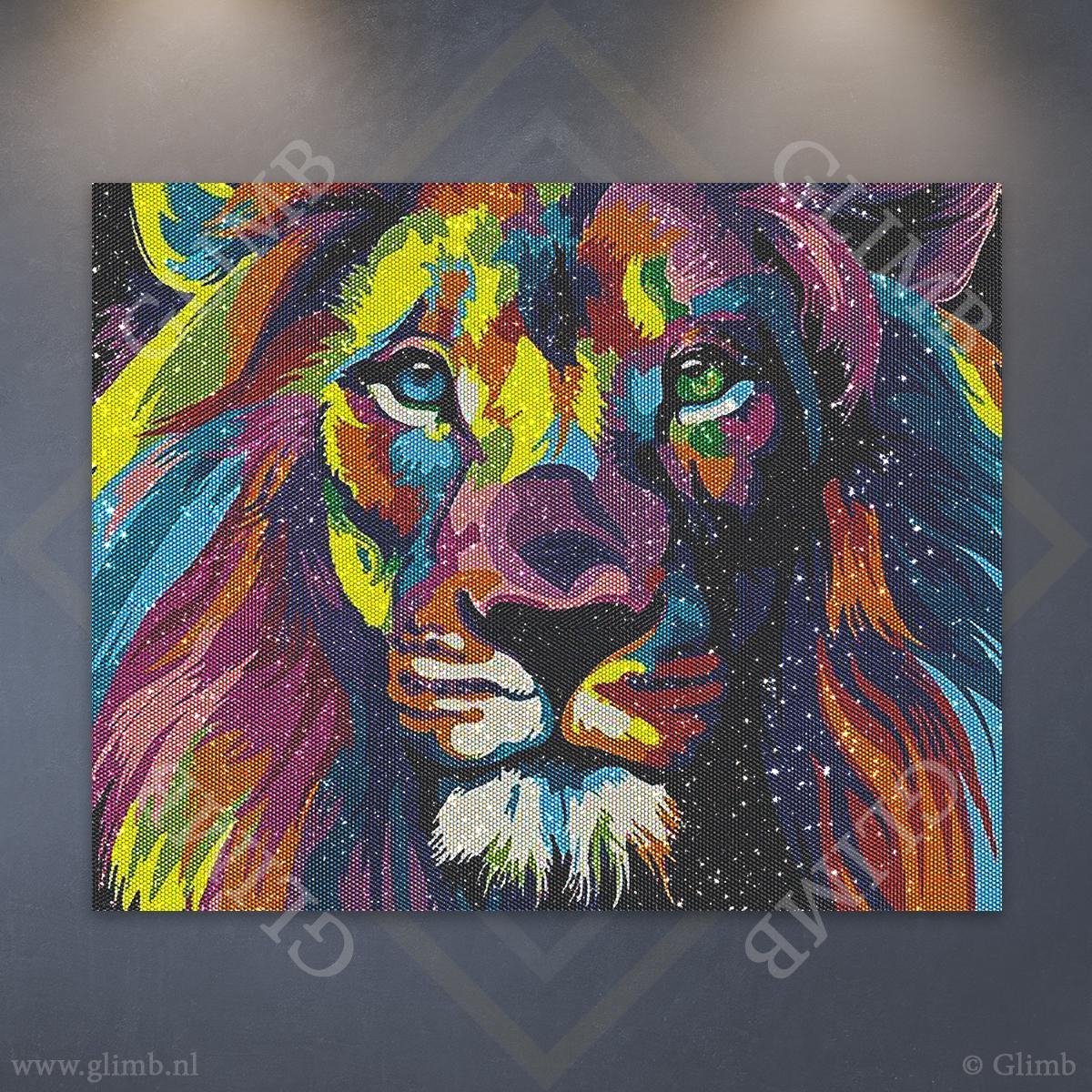 Glimb® | HQ Diamond Painting Pakket | Abstracte Leeuw | 50x40cm | Rond | Volledig | Made in NL! // Diamond Painting - Diamond Painting Pakketten - Diamond Paint - Daimond Painting - Dotz -Diamond Schilderen - Diamond Painting Volwassenen